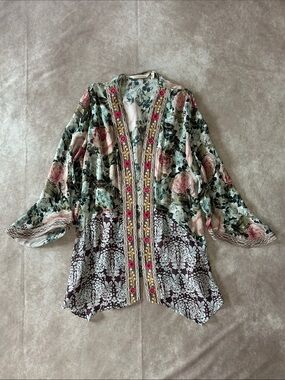 Soft Surroundings Floral Printed Kimono Open Cardigan Pink Green Embroidered M